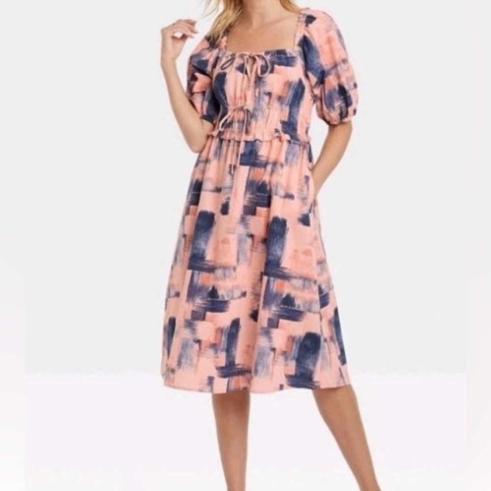 UNIVERSAL THREADS Ladies Blue and Pink Puff sleeve dress elastic open back SZ XS
